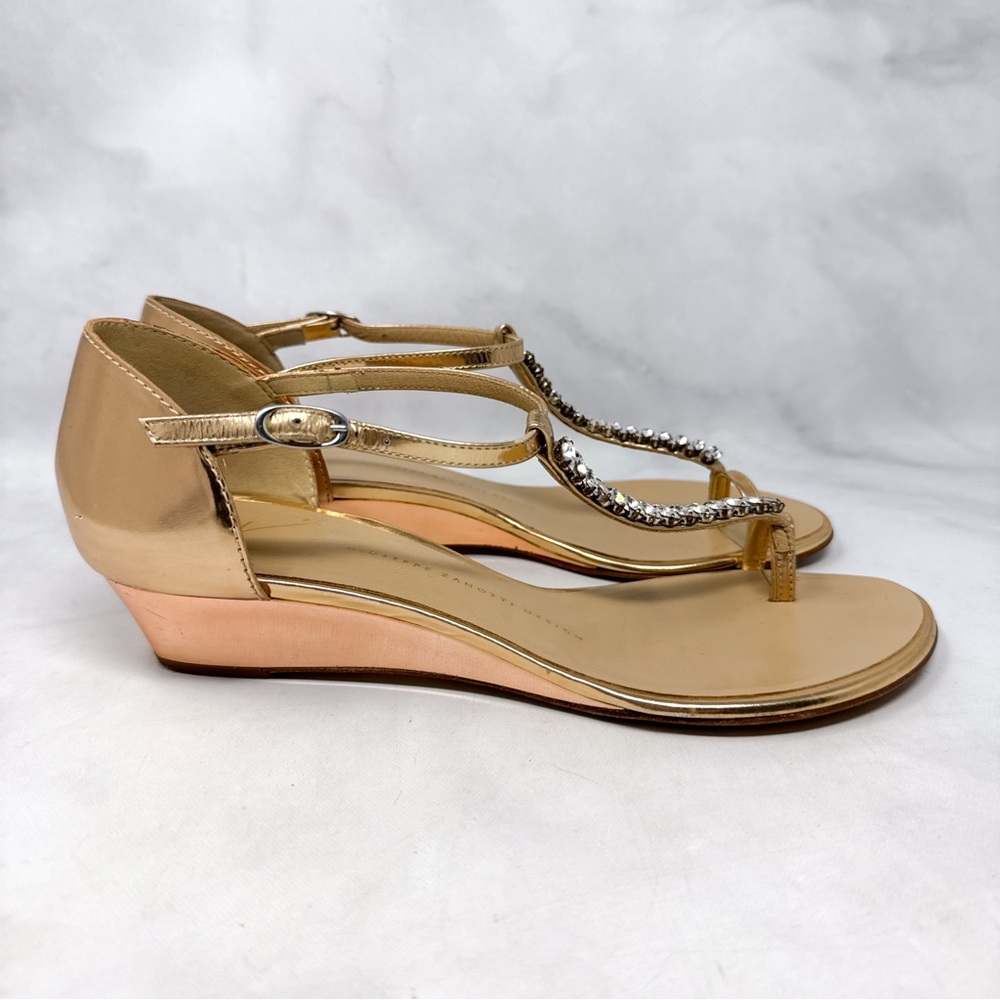 Giuseppe Zanotti Vintage Y2K Rose Gold Metallic Rhinestone Mini Wedge Sandals 38